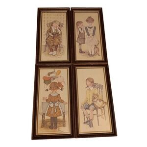 Holly Hobbie Wood Framed Prints Set of 4 Signed Hobbie 9.75"tx5"w Vintage Gift